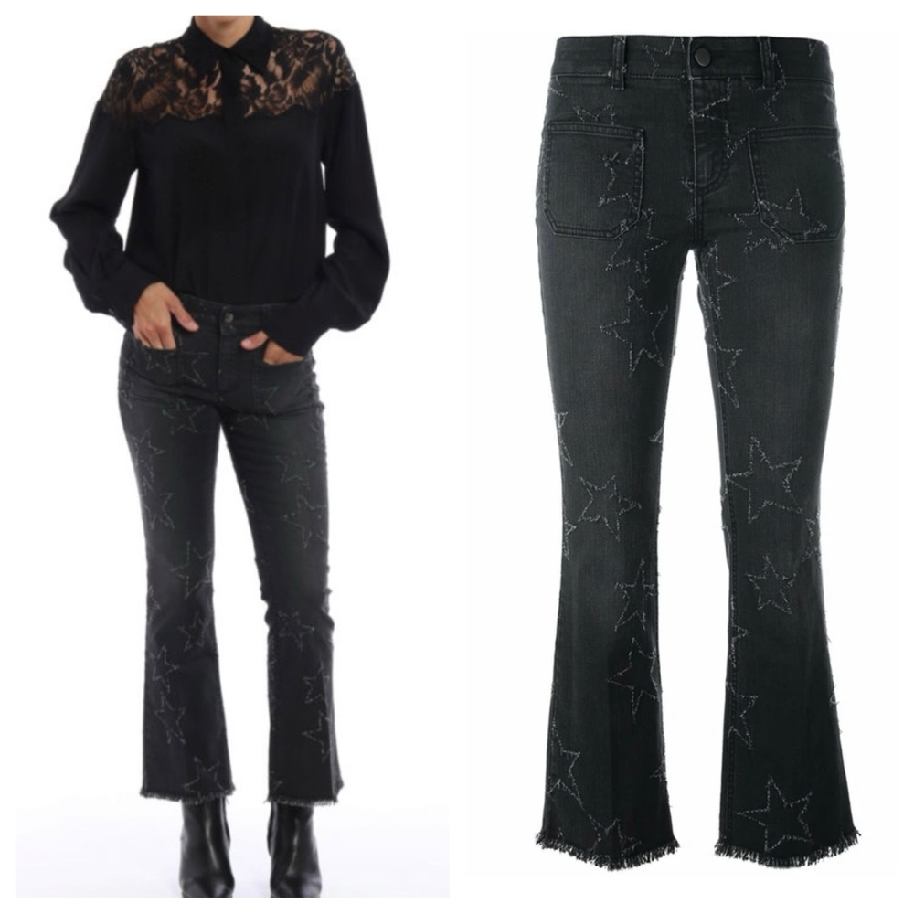 Stella McCartney Star-Embroidered Frayed Crop Black Jeans, 29